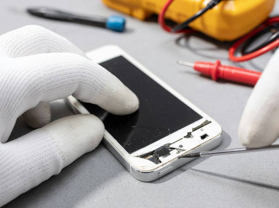 Technician hands working on broken smartphone for repair or replace new part on desk